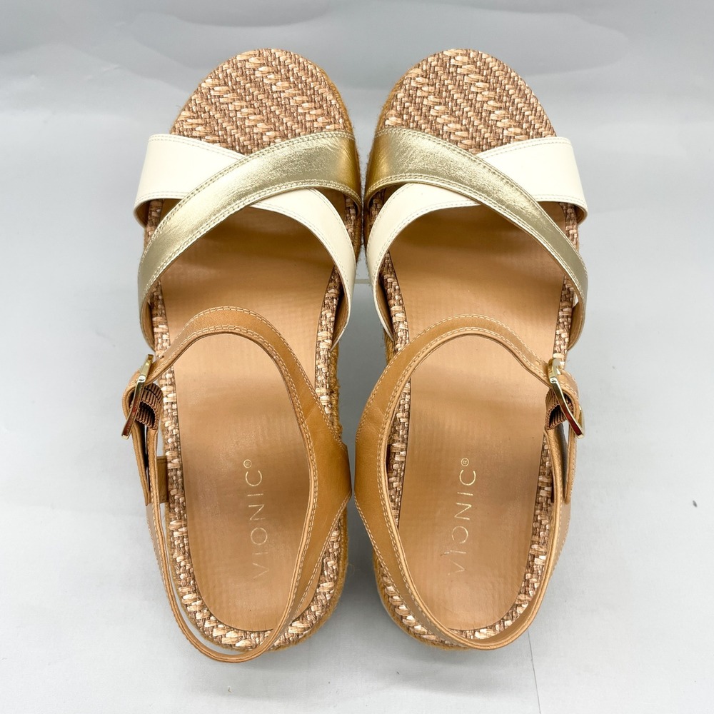Vionic Womens 9 Mar Platform Sandals Tan Gold Leather Strappy Espadrille Wedge - Picture 9 of 12